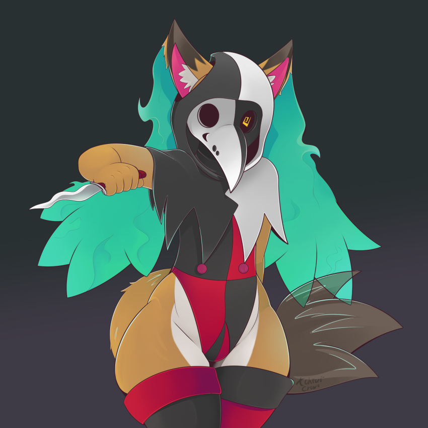 1:1 ambiguous_gender animal_mask anthro beak_mask cape clothing colored_fire dagger dipstick_tail domestic_cat ear_tuft felid feline felis fire flaming_ears fur green_fire hi_res hidden_face hybrid jester lagomorph legwear leotard leporid long_ears magic_user mammal mask melee_weapon multicolored_body multicolored_fur multicolored_tail rabbit solo stockings thick_thighs thigh_highs tohtori_crow tuft weapon wide_hips wraith