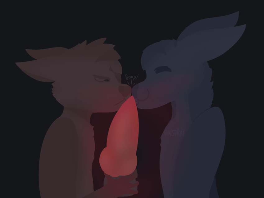 4:3 angry anthro blue_body blue_fur boop brown_body brown_fur canid canine duo ears_back fennec fingers fox fur genitals glowing glowing_genitalia glowing_penis hi_res knot lamp male male/male mammal nose_boop nsfrat penis pivoted_ears