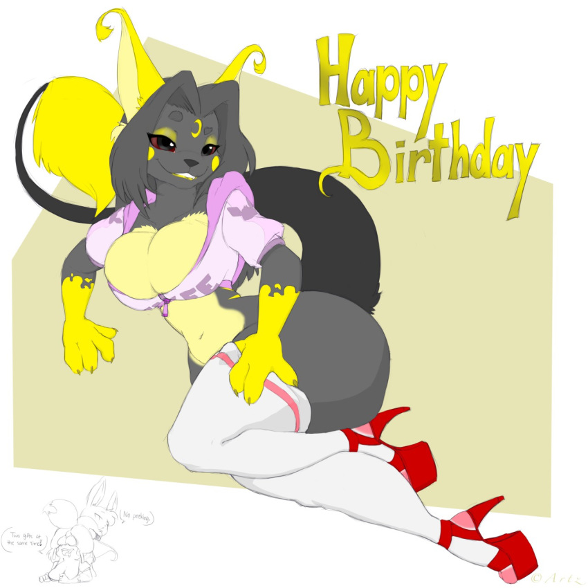 1:1 anthro artz artz_(eevee) balls big_breasts big_butt birthday breasts butt cleavage cleavage_overflow clothed clothing curvy_figure eevee female feral footwear genitals group hi_res high_heels kuroodod_(fursona) legwear nintendo pok&eacute;mon pok&eacute;mon_(species) raichu shoes solo_focus stockings these_aren't_my_glasses topwear video_games