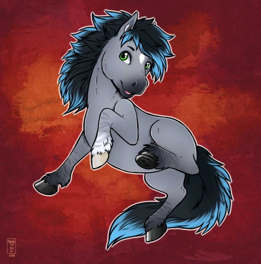 2020 black_hair blue_hair digital_media_(artwork) equid equine feral fur green_eyes grey_body grey_fur hair hi_res hooves horse male mammal smile solo tanutanuki