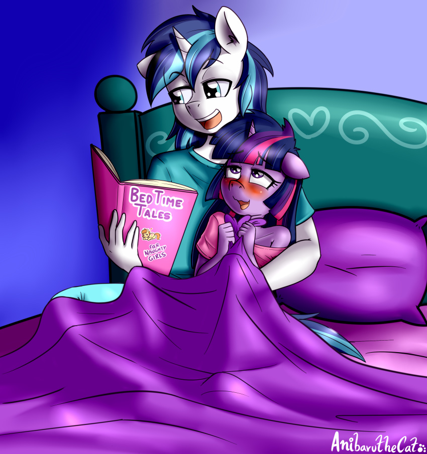 2020 5_fingers absurd_res anibaruthecat anthro bed blush book brother brother_and_sister dialogue digital_media_(artwork) duo english_text equid eyebrows eyelashes female fingers friendship_is_magic furniture hi_res holding_book holding_object horn incest mammal my_little_pony on_bed open_mouth purple_eyes shining_armor_(mlp) sibling sister text twilight_sparkle_(mlp) unicorn unicorn_horn young