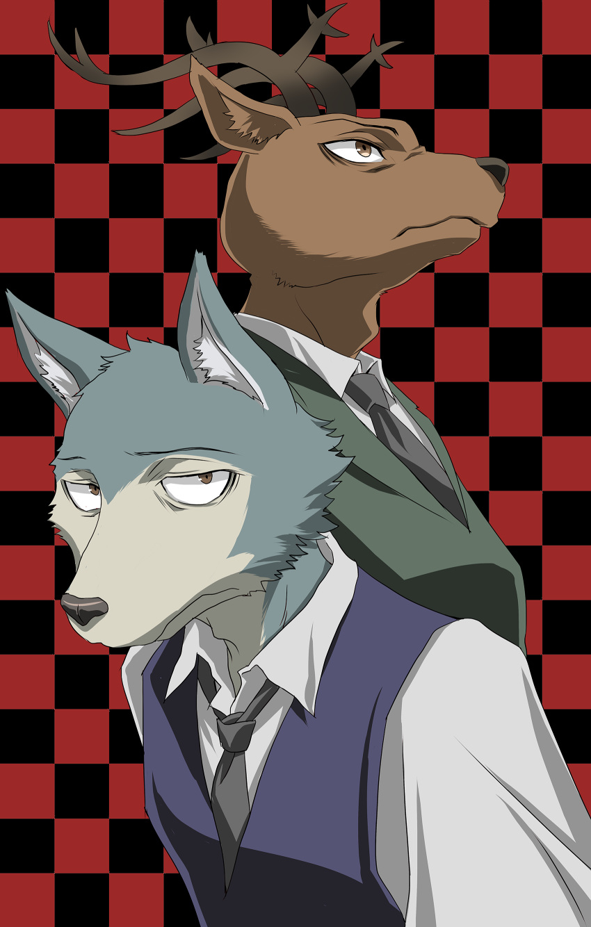 absurd_res alios anthro antlers beastars canid canine canis cervid checkered_background clothed clothing duo fur grey_necktie hi_res horn inner_ear_fluff legoshi_(beastars) looking_at_viewer louis_(beastars) mammal monotone_body monotone_ears monotone_fur necktie pattern_background q14658091 simple_background topwear tuft white_clothing wolf