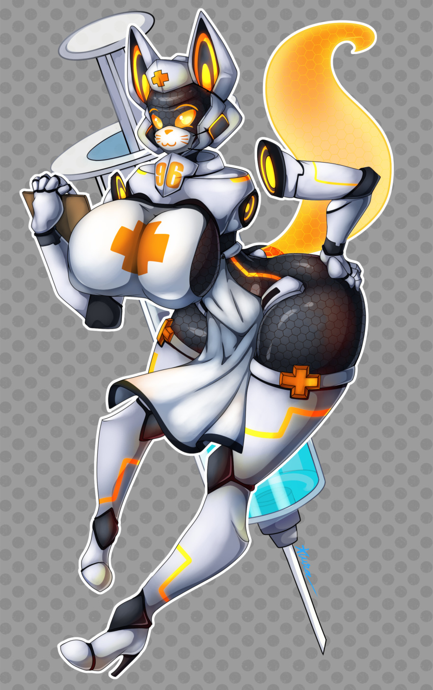 absurd_res amputee android armor artist-apprentice587 big_breasts breasts canid canine cybernetics digital_media_(artwork) disability female fox hi_res machine mammal medical robot solo_focus syringe