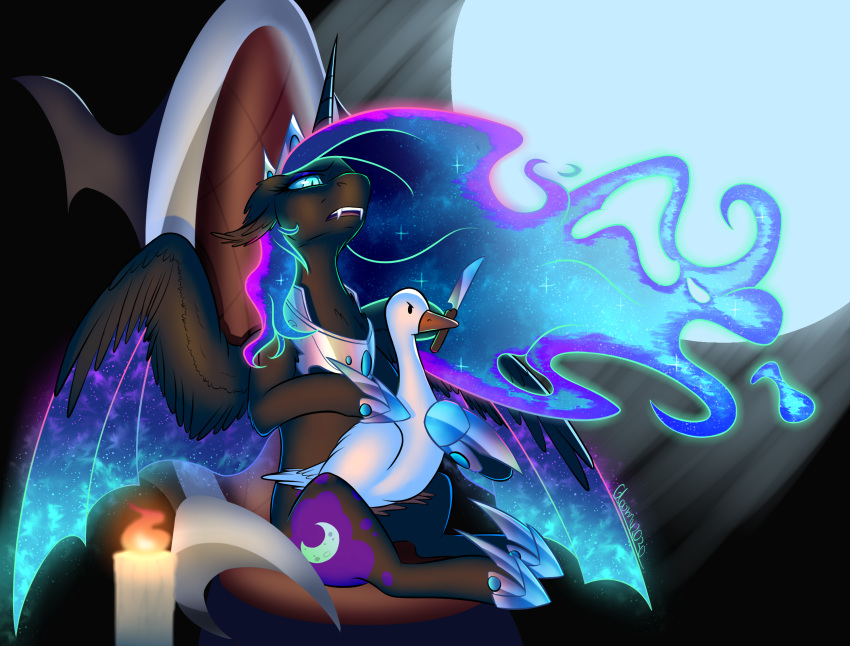 2020 ambiguous_gender beak candle chair cutie_mark digital_media_(artwork) duo equid fangs feral friendship_is_magic furniture goombot hi_res horn knife mammal my_little_pony nightmare_moon_(mlp) sorelstrasz throne winged_unicorn wings