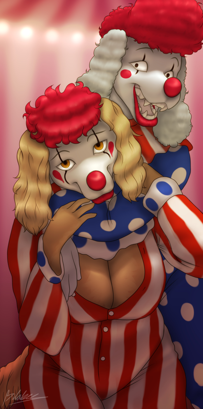 2020 absurd_res anthro big_breasts bilabee bimbo_(character) bird_dog breasts brown_body canid canine canis clown cocker_spaniel digital_media_(artwork) ditzy_(character) domestic_dog duo eyebrows female fingers fur hair hi_res hunting_dog lipstick looking_at_viewer makeup mammal poodle smile spaniel teeth tongue white_body white_fur