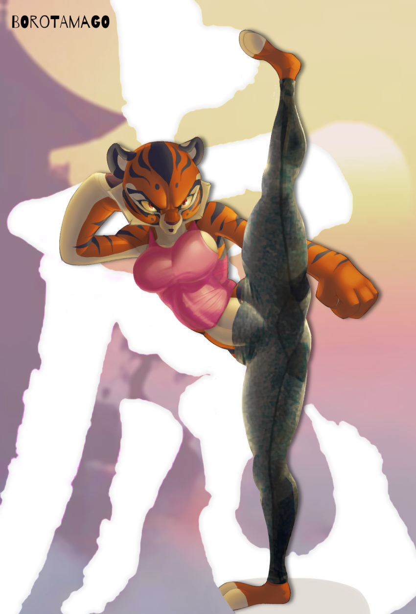 anthro barefoot borotamago breasts chinese_text clothing dreamworks felid female fur hi_res kick kung_fu_panda looking_at_viewer mammal master_tigress on_one_leg outside pantherine red_eyes solo spread_legs spreading standing striped_body striped_fur stripes text tiger tight_clothing yellow_sclera