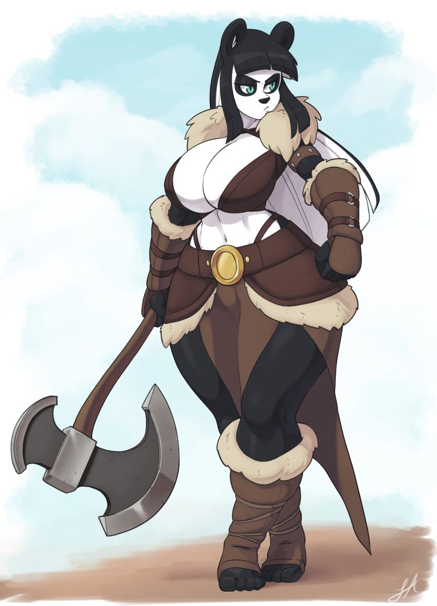 2018 4_toes 5_fingers absurd_res anthro armlet armor axe belt big_breasts black_hair blue_eyes breasts cleavage clothed clothing digital_media_(artwork) female fingers fist giant_panda hair hi_res holding_object holding_weapon huge_breasts lei_(skecchiart) loincloth long_hair looking_aside mammal melee_weapon midriff navel signature simple_background skecchiart sky solo standing sword thick_thighs toeless_footwear toeless_legwear toes ursid vambraces weapon white_hair wide_hips