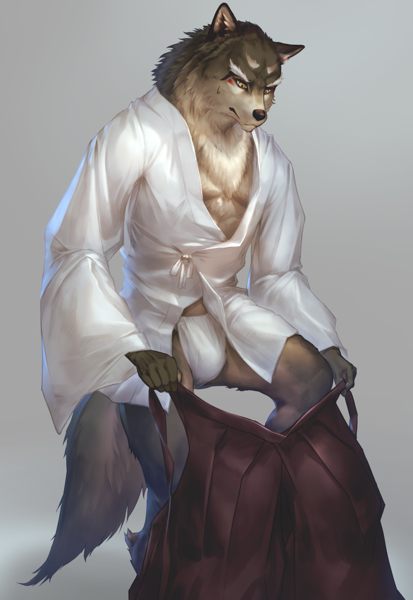 2019 absurd_res anthro asian_clothing black_nose bodily_fluids canid canine canis clothing east_asian_clothing fundoshi hi_res japanese_clothing kazashino male mammal solo sweat sweatdrop tuft underwear were werecanid werecanine werewolf wolf yellow_eyes