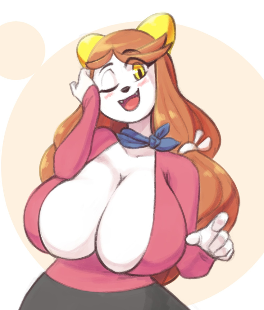 2018 5_fingers accessory anthro ascot big_breasts blush breasts brown_hair canid canine canis cleavage cleavage_cutout clothed clothing domestic_dog fangs female fingers fluffy fur hair hair_accessory hair_bow hair_ribbon hand_on_head hi_res holly_applebee huge_breasts long_hair looking_at_viewer mammal one_eye_closed open_mouth ponytail ribbons shirt simple_background skecchiart smile solo topwear white_background white_body white_fur wink yellow_eyes