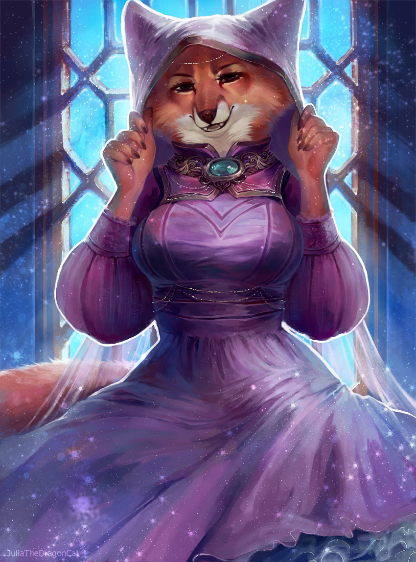 5_fingers anthro breasts brown_eyes canid canine clothed clothing detailed_background disney eyebrows eyelashes female fingers fox fur hi_res juliathedragoncat maid_marian mammal open_mouth orange_body orange_fur red_fox robin_hood_(disney) smile solo teeth tongue