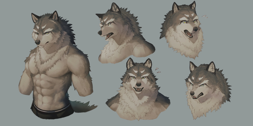 2019 2:1 abs anthro biceps black_nose canid canine canis chest_tuft clothed clothing fangs grey_background hi_res kazashino male mammal muscular muscular_male pecs simple_background solo topless triceps tuft were werecanid werecanine werewolf wolf yellow_eyes