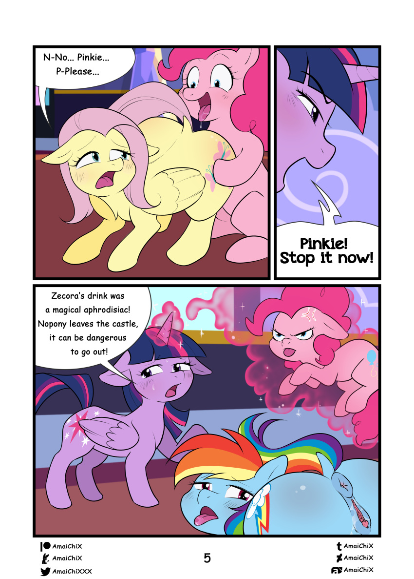 absurd_res amaichix anus ass_up bodily_fluids butt comic dialogue earth_pony english_text equid equine female female/female feral fluttershy_(mlp) friendship_is_magic genital_fluids genitals group hi_res horn horse love_potion mammal my_little_pony pinkie_pie_(mlp) pony pterippus pussy pussy_juice rainbow_dash_(mlp) text twilight_sparkle_(mlp) winged_unicorn wings