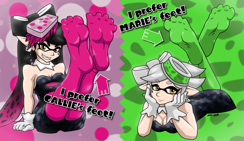 5_toes absurd_res animal_humanoid bare_shoulders breasts callie_(splatoon) cephalopod cephalopod_humanoid cleavage clothed clothing cousins dress duo english_text feet female foot_focus footwear gloves handwear hat headgear headwear hi_res humanoid humanoid_feet inkling leggings legwear looking_at_viewer lying marie_(splatoon) marine marine_humanoid mollusk mollusk_humanoid mostlyfunstuff nintendo plantigrade pseudo_hair signature smile soles splatoon squid_sisters_(splatoon) suction_cup teeth tentacle_hair tentacles text toes video_games yellow_eyes