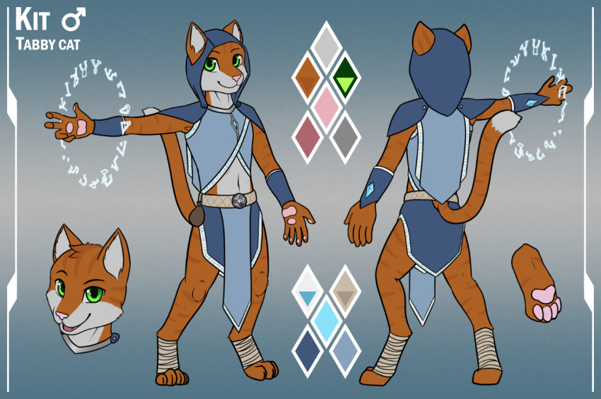 anthro armor belt belt_buckle bracers clothing coin_purse costume crystal domestic_cat felid feline felis foot_wraps fur green_eyes hood kit_blackstone linkscape loincloth magic magic_user male mammal model_sheet orange_body orange_fur pawpads runes solo tabby_cat wraps