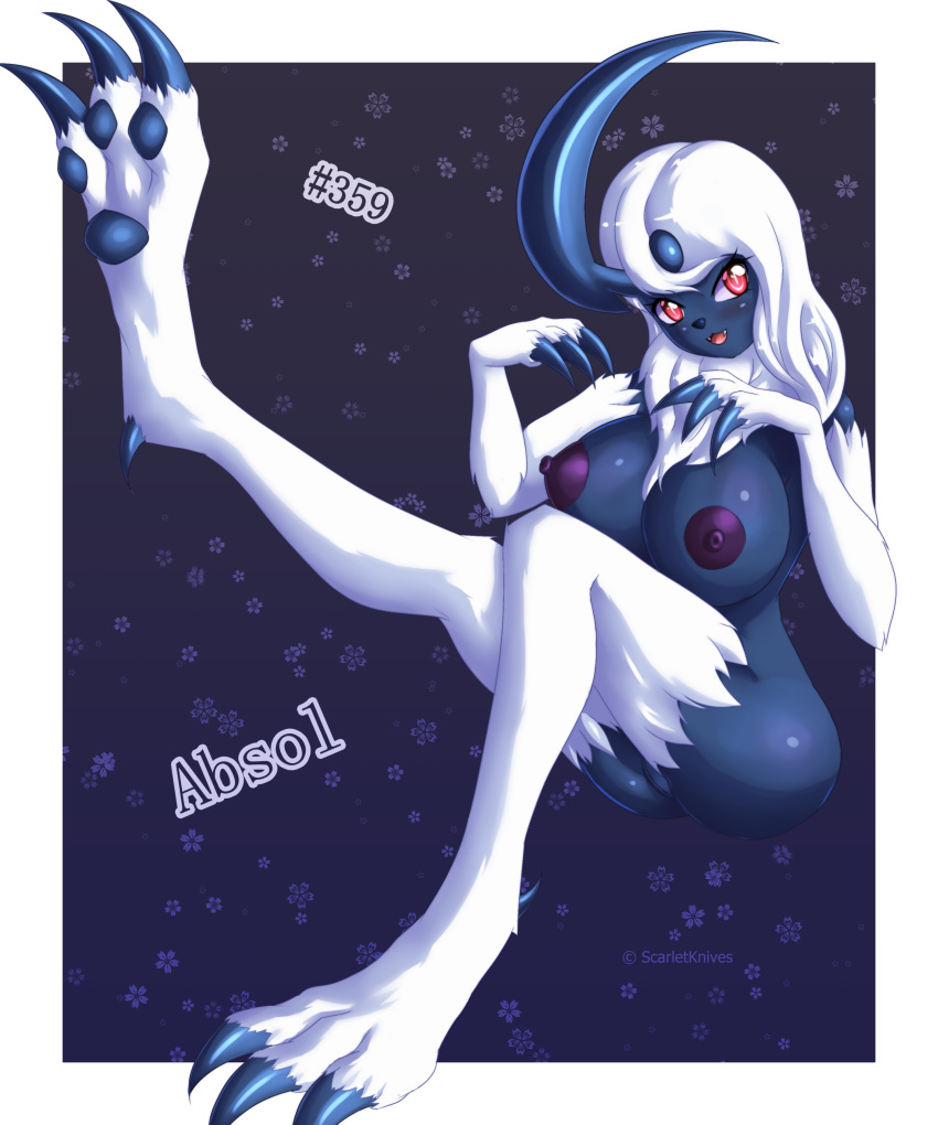 3_fingers absol absurd_res anthro areola artist_name border breasts claws female finger_claws fingers fur genitals hair hi_res nintendo nipples open_mouth open_smile pawpads pok&eacute;mon pok&eacute;mon_(species) pussy red_eyes scarletknives-x smile toe_claws tongue video_games white_body white_border white_fur white_hair