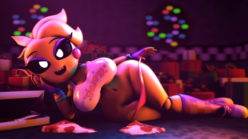 16:9 3d_(artwork) animatronic avian big_breasts bottomless bracelet breasts chica_(fnaf) clothed clothing detailed_background digital_media_(artwork) female five_nights_at_freddy's five_nights_at_freddy's_2 food footwear gift hi_res humanoid jewelry legwear lying machine navel navel_piercing on_ground on_side open_mouth open_smile panties panties_down pattern_clothing pattern_legwear piercing pizza robot seductive shoes smile solo source_filmmaker striped_clothing striped_legwear stripes toy_chica_(fnaf) underwear unknown_artist video_games widescreen