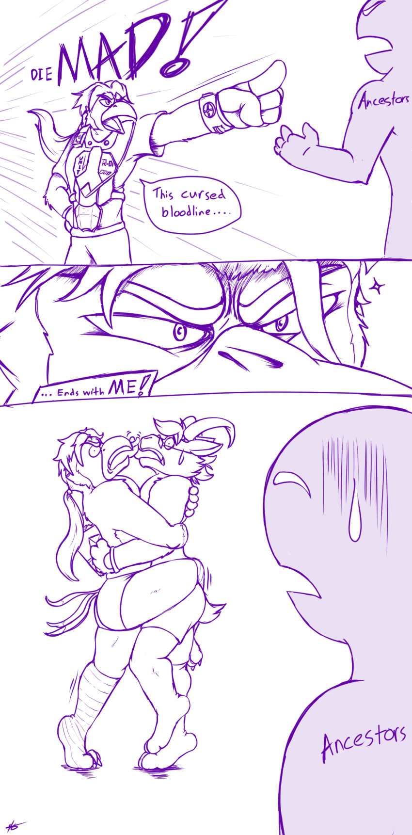 anthro avian bird bovid caprine clothing comic duo embarrassed english_text eyewear french_kissing glasses goat hi_res hug humor kissing male male/male mammal monochrome muscular muscular_male purple_and_white tanngrisnir_(tas) text tokyo_afterschool_summoners tongue underwear video_games werewolfnerds