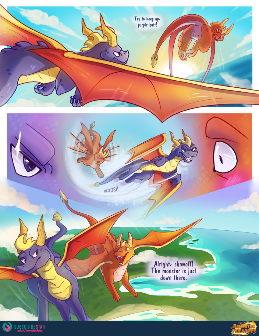 above_clouds activision anus blush butt challenge_accepted cloud comic dialogue dragon duo english_text feral flame_(spyro) flying hi_res high-angle_view hole_(anatomy) landscape male male/male monsterfuzz rear_view sea sky speech_bubble spyro spyro_reignited_trilogy spyro_the_dragon subscribestar text video_games water