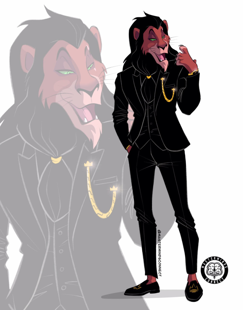 black_hair blowup_background bracelet brown_body brown_fur clock clothed clothing disney felid fur green_eyes hair hi_res jewelry lion male mammal mane mastermindsconnect pantherine scar scar_(the_lion_king) simple_background solo suit the_lion_king watch whiskers wristwatch