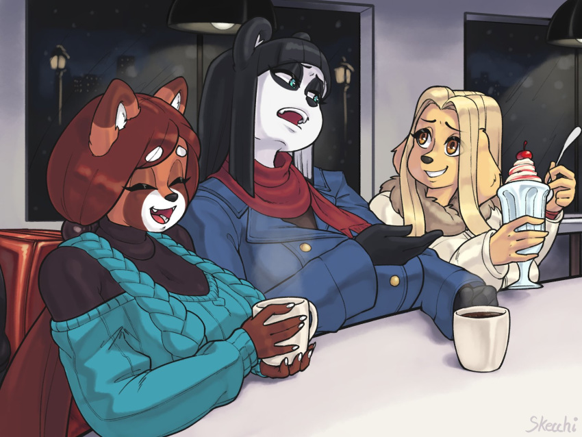 2019 4:3 5_fingers ailurid amber_eyes anthro beverage black_body black_fur black_hair blonde_hair blue_eyes brown_body brown_fur canid canine canis clothed clothing coffee coffee_mug cup dessert detailed_background domestic_dog eldora_(skecchiart) eyes_closed female fingers fluffy_ears food fur fur_collar giant_panda group hair hi_res holding_cup holding_glass holding_object ice_cream inner_ear_fluff inside jacket lei_(skecchiart) long_hair looking_at_another mammal mature_female nuan_(skecchiart) open_mouth red_panda scarf signature skecchiart smile steam sweater topwear tuft turtleneck ursid white_body white_fur white_hair yellow_body yellow_fur