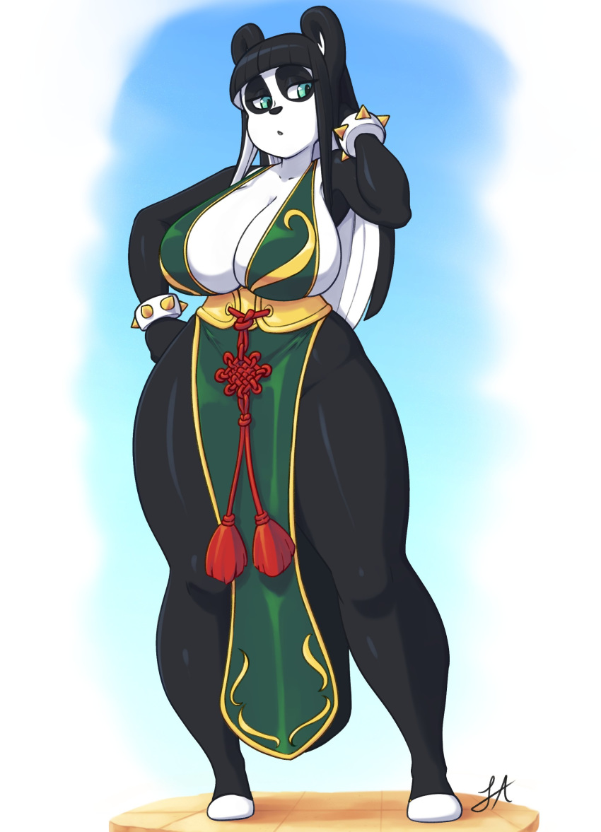 2018 absurd_res anthro armband asian_clothing bare_legs big_breasts big_hair black_hair bracelet breasts chinese_clothing chinese_dress chun-li cleavage cleavage_overflow clothed clothing cosplay covered_navel covered_nipples curvy_figure dress east_asian_clothing eyeshadow female flats footwear giant_panda hair hi_res huge_breasts jewelry lei_(skecchiart) long_hair looking_at_viewer makeup mammal no_underwear pelvic_curtain portrait side_boob signature simple_background skecchiart solo spiked_armband spiked_bracelet spikes thick_thighs toes ursid video_games watermark white_clothing white_footwear white_hair wide_hips