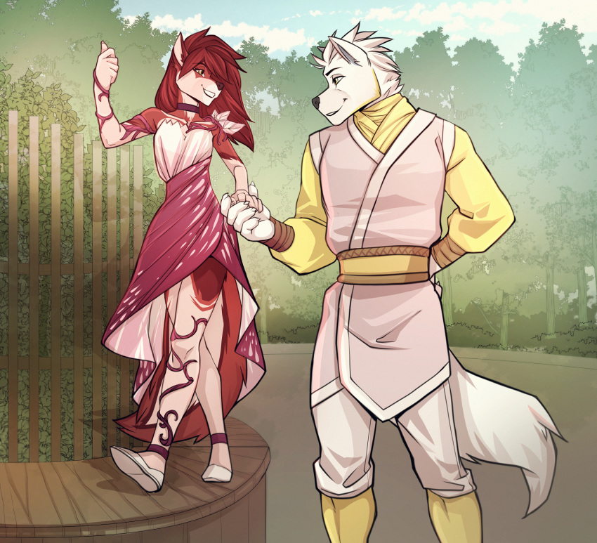 5_fingers anthro black_nose brown_hair canid canine canis clothed clothing day detailed_background domestic_dog duo eyebrows eyelashes female fingers footwear hair hi_res lotusgarden male mammal outside shoes sky smile