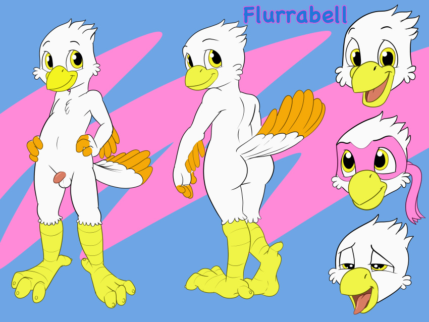 4:3 absurd_res anthro avian balls beak bird black_pupils butt character_name cheek_tuft compfive facial_tuft feather_tuft feathers genitals head_tuft hi_res looking_at_viewer male model_sheet monotone_balls monotone_beak monotone_genitals nude open_beak open_mouth orange_body orange_feathers penis pink_tongue scutes smile solo tail_feathers tongue tuft two_tone_tail white_balls white_body white_feathers yellow_beak yellow_eyes young