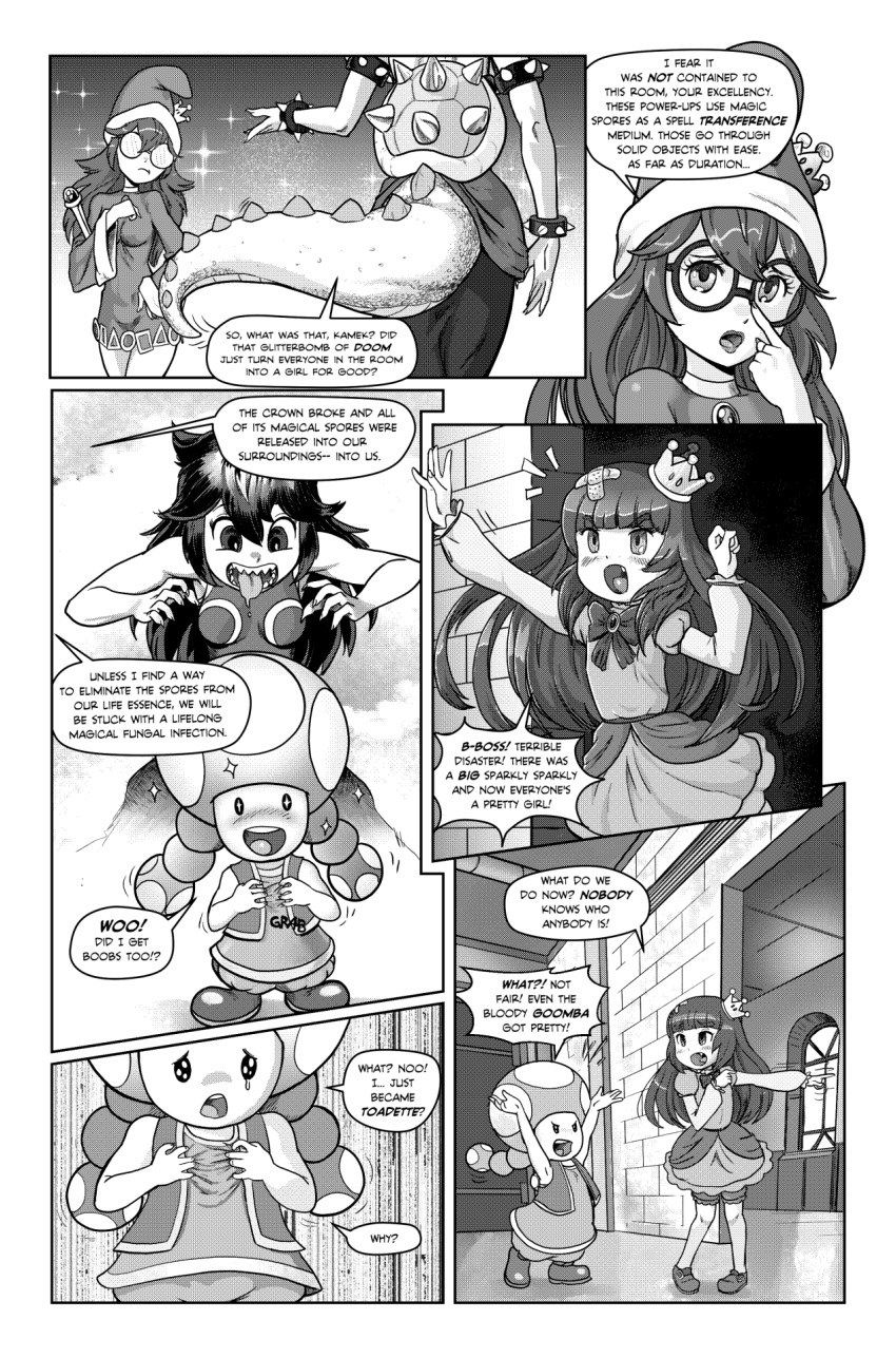 2020 alternate_species angry animal_humanoid bowser bowsette_meme breasts butt castle chain_chomp clothed clothing comic computer crossgender crown dialogue dress english_text female goomba greeting hi_res horn horned_humanoid humanoid kamek koopa magikoopa mario_bros monochrome nintendo pencils_(artist) scalie shell spikes super_crown text toadette transformation underwear upskirt video_games