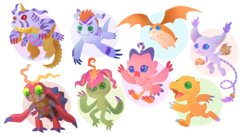 agumon arthropod avian biyomon blue_eyes claws digimon digimon_(species) elemental_creature feathers felid feline female flora_fauna gabumon gatomon gennpitre gomamon green_body green_eyes hi_res insect male mammal marine markings open_mouth orange_body palmon patamon pink_body pink_feathers pinniped plant red_body red_eyes reptile scalie seal tentomon white_body wings