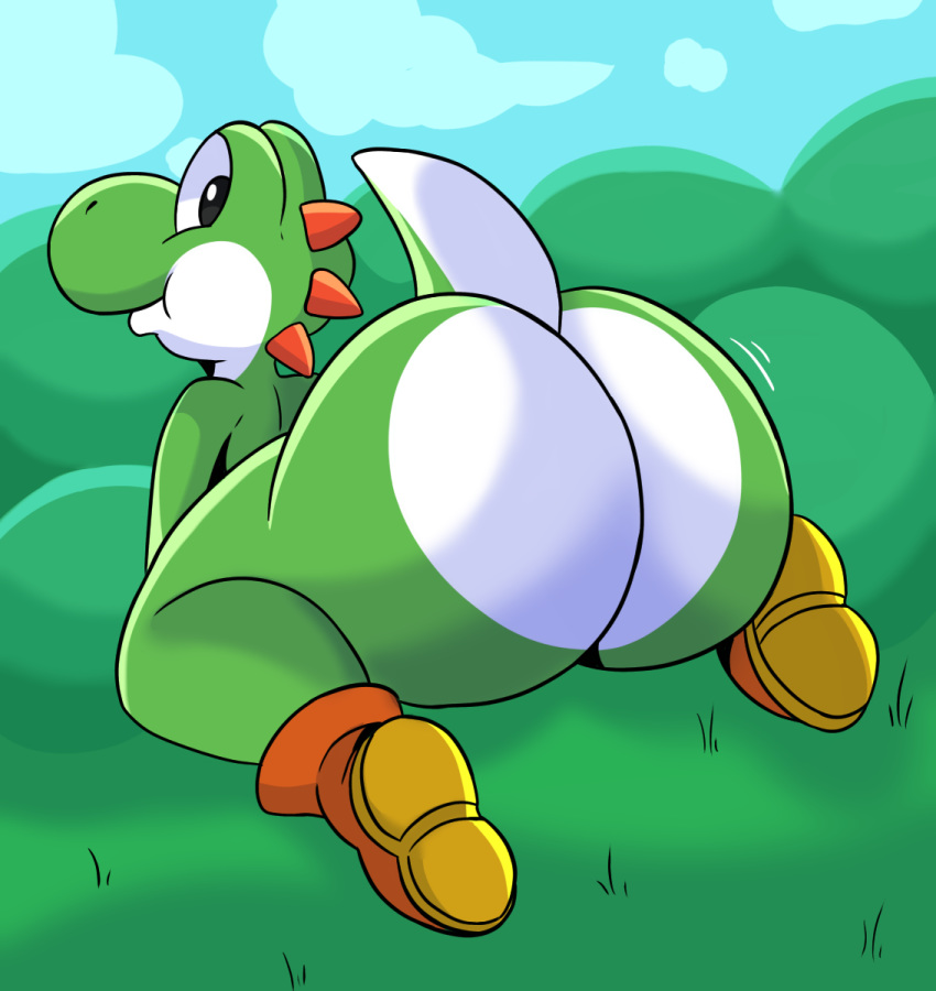 big_butt butt clothing dinosaur footwear green_yoshi hi_res looking_back male mario_bros nathanatwar nintendo presenting presenting_hindquarters reptile scalie shoes smile video_games yoshi