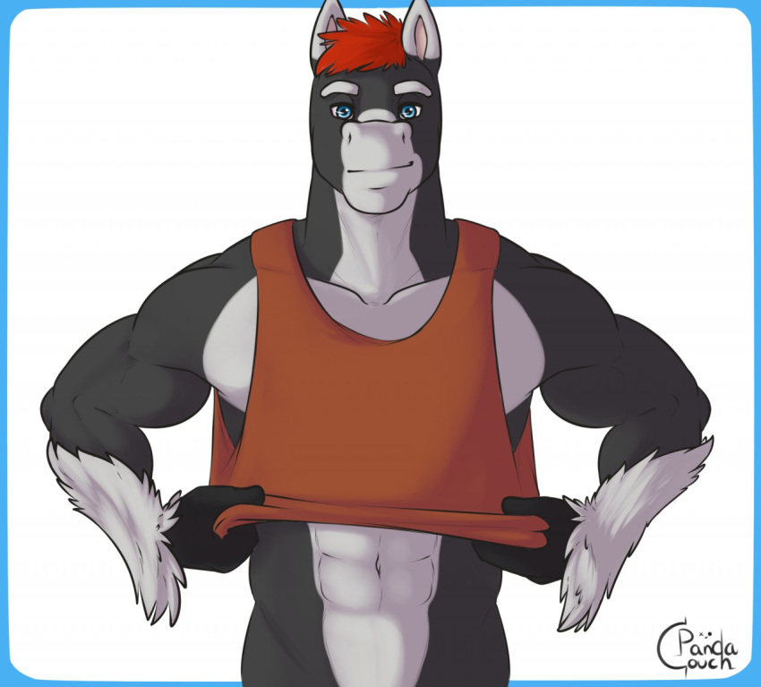 2018 abs anthro biceps black_body black_fur blue_border blue_eyes border clothed clothing clothing_lift digital_media_(artwork) equid equine eyebrows front_view fur hair half-length_portrait horse jodira looking_at_viewer male mammal multicolored_body multicolored_fur muscular muscular_male navel pandacouch portrait red_hair shirt shirt_lift short_hair signature simple_background smile solo standing topwear two_tone_body two_tone_fur undressing white_background white_body white_eyebrows white_fur