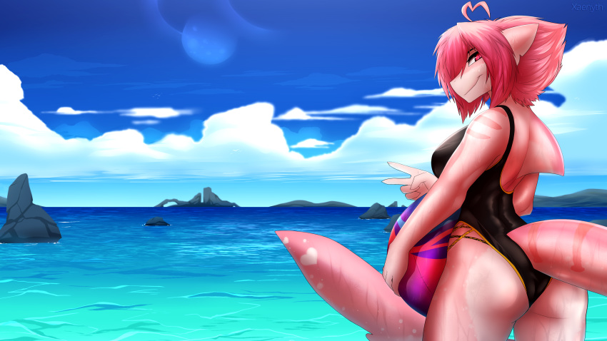 16:9 2020 4k 5_fingers absurd_res anthro breasts clothed clothing day detailed_background digital_media_(artwork) eyebrows eyelashes female fingers fish hair hi_res marine non-mammal_breasts outside pink_hair shark shrimp_(uk_brony) sky smile solo widescreen xaenyth