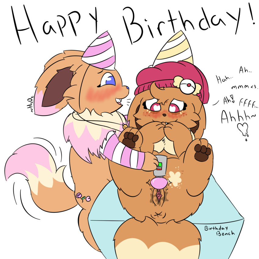 ! &lt;3 &lt;3_eyes 1:1 anus birthday blue_eyes blue_nose blush bodily_fluids brown_body brown_fur brown_nose brown_pawpads chest_tuft clothing covering_mouth cute_fangs dipstick_ears dipstick_tail duo ears_back eevee female female/female feral feral_on_feral fur genital_fluids genitals h2o2 hat headgear headwear hi_res iku_(iroxykun) jewelry looking_pleasured lying markings moan multicolored_ears multicolored_tail necklace nintendo on_back pawpads pink_markings pivoted_ears pok&eacute;mon pok&eacute;mon_(species) pussy pussy_juice red_eyes rose_(h2o2) sex_toy spread_legs spreading toying_partner tuft vibrator video_games