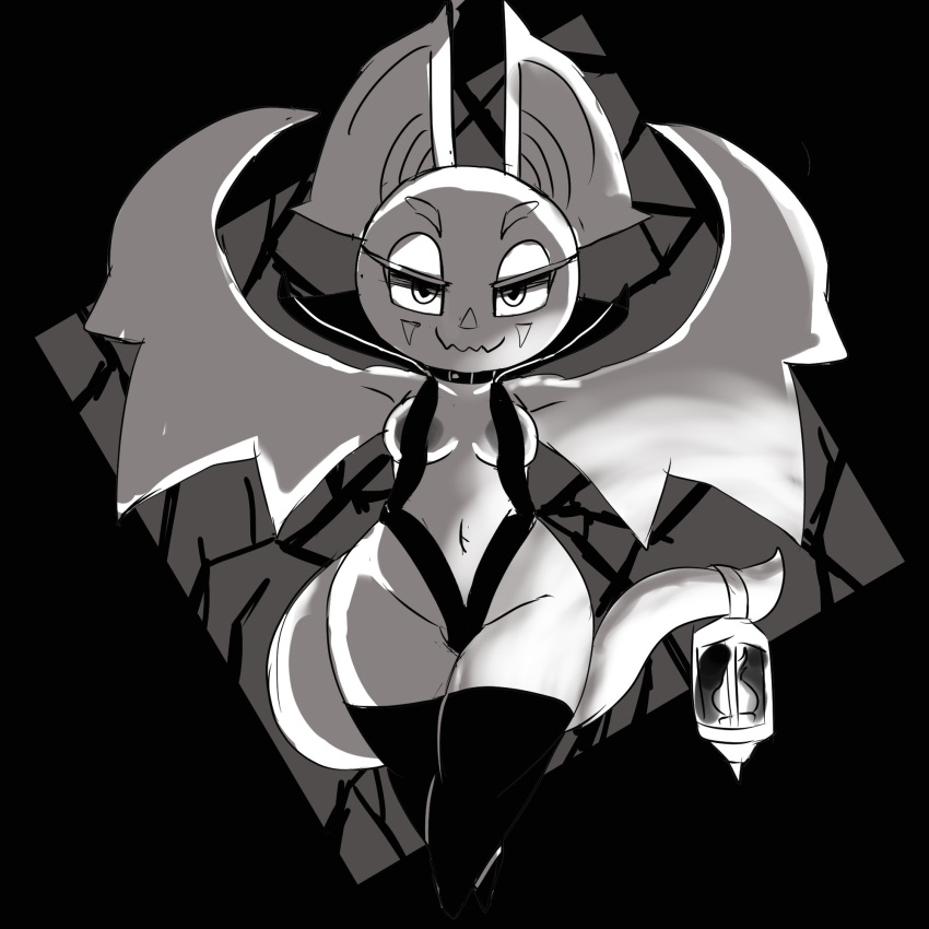 1:1 2020 anthro areola areola_slip bedroom_eyes breasts chiropteran clothed clothing collar crossed_legs darky eyelashes female fire front_view greyscale half-closed_eyes hi_res lantern legwear looking_at_viewer mammal membrane_(anatomy) membranous_wings monochrome narrowed_eyes navel seductive side_boob skimpy smile solo standing stockings thigh_highs wide_hips winged_arms wings