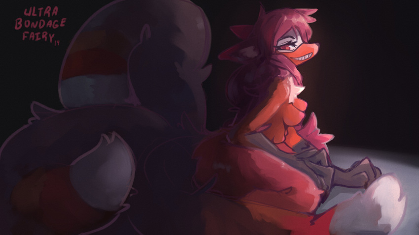 2019 akane_(nandred) anthro black_nose breasts butt canid canine digital_media_(artwork) female fox fur hair looking_at_viewer mammal multi_breast multi_tail nipples nude red_body red_eyes red_fur red_hair simple_background sitting smile solo ultrabondagefairy
