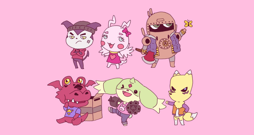 animal_crossing arthropod axe blush bow box butterfly canid canine clothing digimon digimon_(species) dress female gargomon green_body guardromon guilmon gun hi_res imp impmon insect lepidopteran machine male mammal marineangemon markings melee_weapon nintendo one_eye_closed pink_background pink_body purple_body ranged_weapon red_body renamon reptile robot scalie simple_background sindorman teeth video_games weapon wink yellow_body