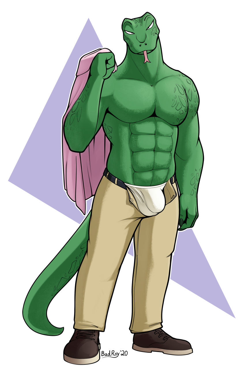 abs absurd_res anthro badroy beastars biceps big_muscles bottomwear bulge clothed clothing footwear gosha_(beastars) hi_res jacket komodo_dragon lizard male monitor_lizard muscular open_pants pants pecs reptile scalie shirt shoes topless topwear underwear