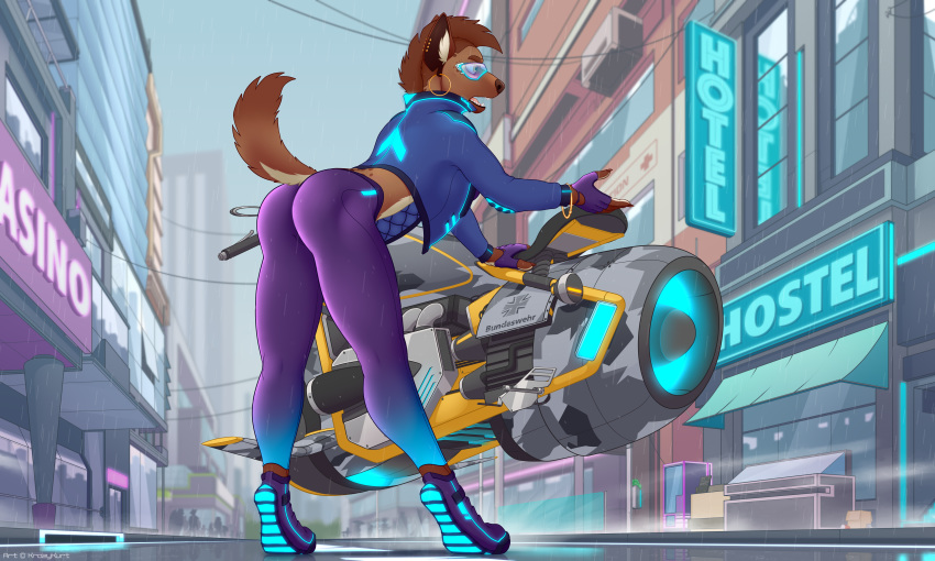 2019 5:3 5_fingers absurd_res anthro big_breasts bike_(disambiguation) boots bottomwear breasts butt camel_toe city claws clothed clothing conditional_dnp cyberpunk detailed_background digital_media_(artwork) eyewear female fingers footwear fur glasses gloves hair handwear hi_res hyaenid jacket krazykurt leggings legwear mammal motorcycle open_mouth outside paws plantigrade plantigrade_feet science_fiction solo spread_legs spreading thick_thighs tight_suit toe_claws toes topwear vehicle wide_hips