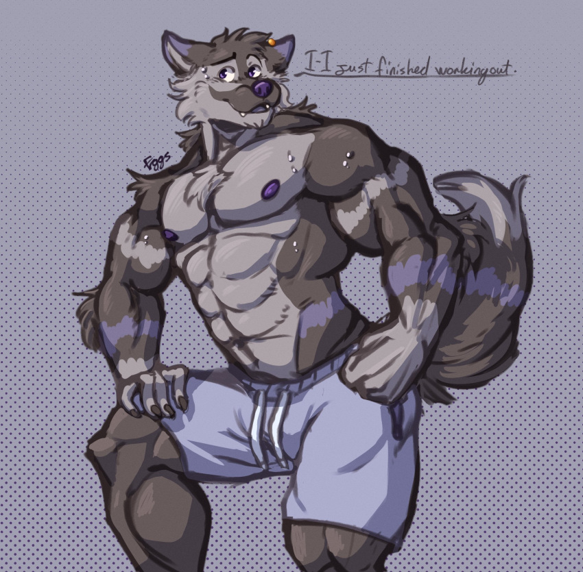 2020 5_fingers abs anthro arm_tuft biceps biped bodily_fluids bottomwear canid canine canis cheek_tuft chest_tuft clenched_fists clothed clothing ears_outwards eggubboyo elbow_tufts embarrassed english_text facial_tuft fangs fingers fur grey_body grey_fur head_tuft hi_res looking_away male mammal multicolored_body multicolored_fur muscular muscular_legs muscular_male navel nipples pecs pivoted_ears purple_nipples purple_nose shorts simple_background solo stuttering sweat teeth text topless triceps tuft wolf