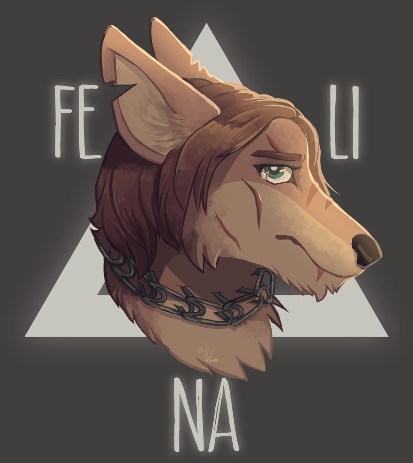 anthro black_nose blue_eyes bodily_fluids breaking_bad brown_body brown_fur canid canine canis chain chained coyote fur hair hi_res iirene jesse_pinkman male mammal notched_ear scar solo tears text triangle_(disambiguation)