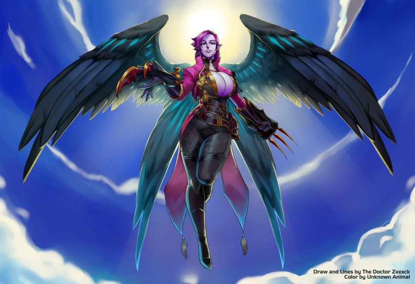 big_breasts breasts cleavage clothed clothing cloud doctorzexxck english_text feathered_wings feathers female hi_res humanoid purple_body purple_skin sky solo sun text weapon winged_humanoid wings