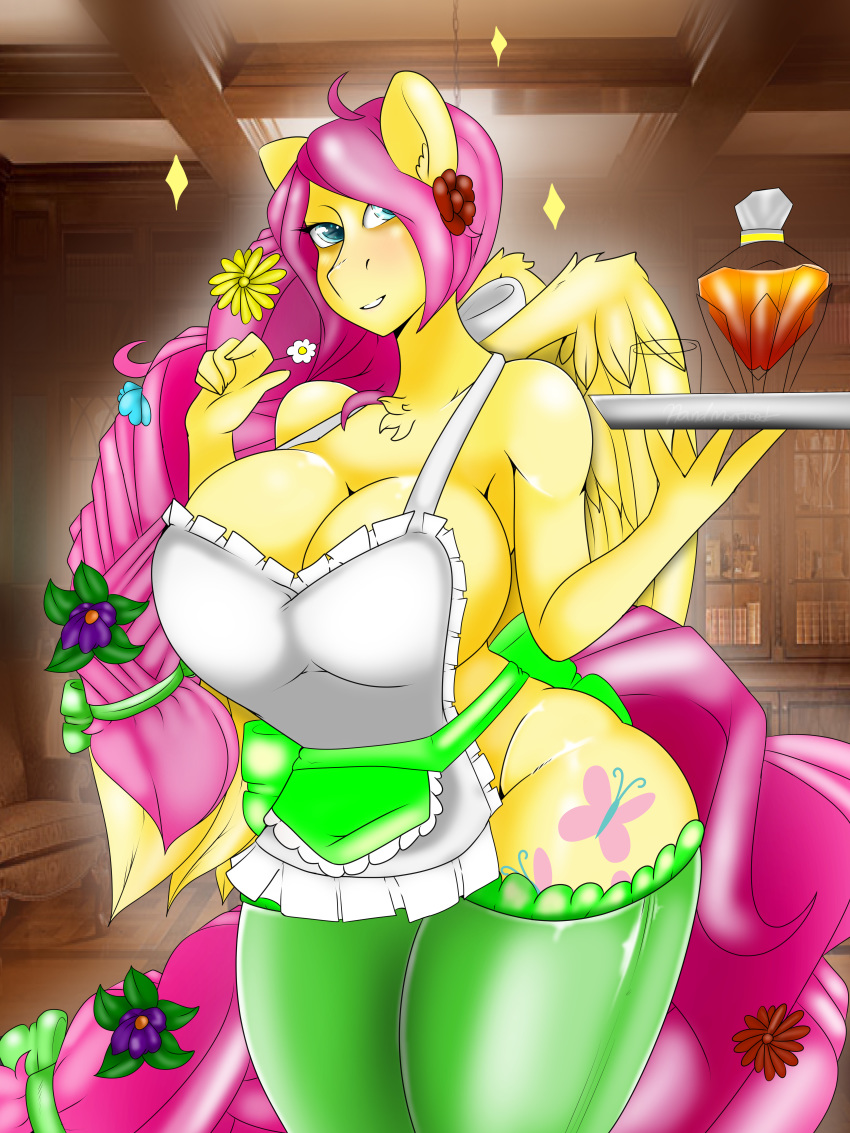 3:4 absurd_res anthro apron beverage big_breasts breasts chest_tuft cleavage clothed clothing equid equine female fluttershy_(mlp) friendship_is_magic handmantoot hi_res legwear mammal my_little_pony pterippus solo thigh_highs tuft wings