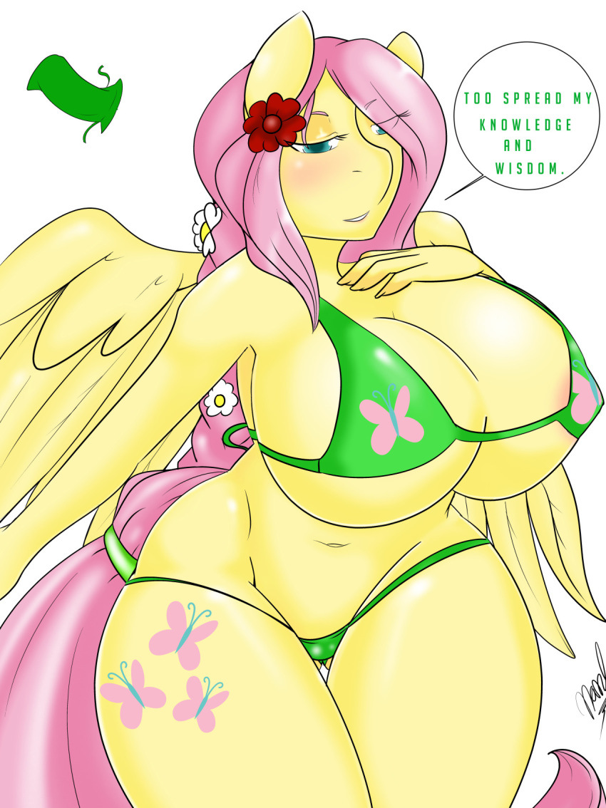 anthro areola areola_slip big_breasts bikini breasts cleavage clothed clothing curvaceous curvy_figure equid equine female fluttershy_(mlp) friendship_is_magic handmantoot hi_res huge_breasts mammal my_little_pony pterippus simple_background solo swimwear voluptuous white_background wide_hips wings