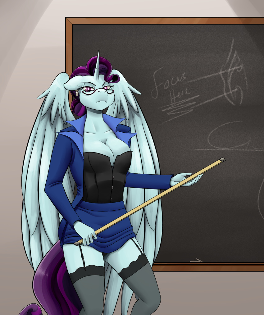 alternate_species anthro big_breasts breasts chalkboard cleavage clothed clothing cyrus_physhor equestria_girls equid eyewear female garter_straps glasses hi_res horn mammal mature_female my_little_pony principal_cinch_(eg) solo winged_unicorn wings