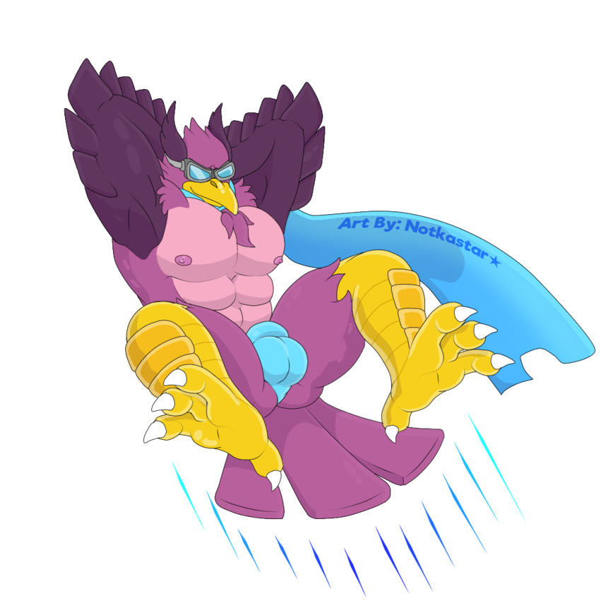 1:1 alpha_channel anthro avian bird bulge clothing eyewear feathers feet flying fur goggles hair hands_behind_head male muscular nipples notkastar pecs rivals_of_aether scarf signature smile solo text thong underwear video_games wrastor