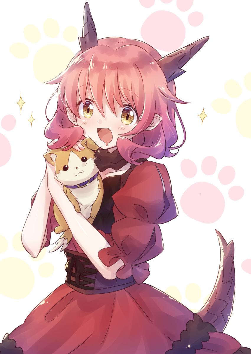 2_horns absurd_res ambiguous_gender animal_humanoid canid canine canis chocogabu clothed clothing collar dipstick_tail domestic_dog dragon dragon_humanoid eyebrow_through_hair eyebrows feral fur hair hi_res hiroyuki_(kemono_michi:_rise_up) holding_character horn humanoid kemono_michi:_rise_up larger_humanoid looking_at_viewer mammal multicolored_tail red_clothing scales scalie scalie_humanoid size_difference smaller_ambiguous smaller_feral tongue translucent translucent_hair two_tone_tail