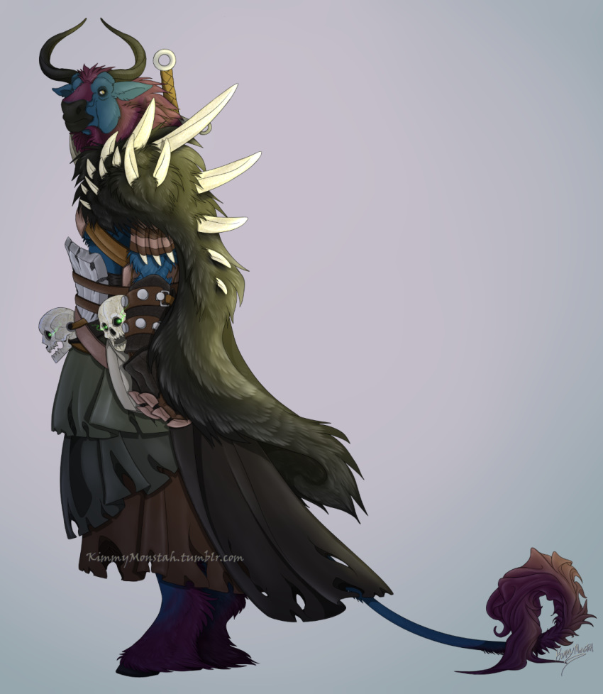 armor black_horn bone bovid bovine claymore_(sword) cloak clothing gauntlets gloves handwear hi_res hooves horn kilt kimmymonstah_(artist) leather_harness looking_at_viewer male mammal melee_weapon runescape sheathed_weapon skull spikes sword torvus weapon yellow_eyes