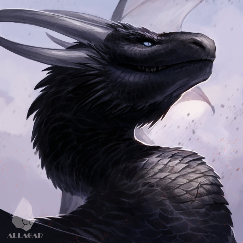 1:1 2020 absurd_res allagar ambiguous_gender black_body black_scales blue_eyes day detailed_background dragon feral headshot_portrait hi_res horn outside portrait scales sky solo