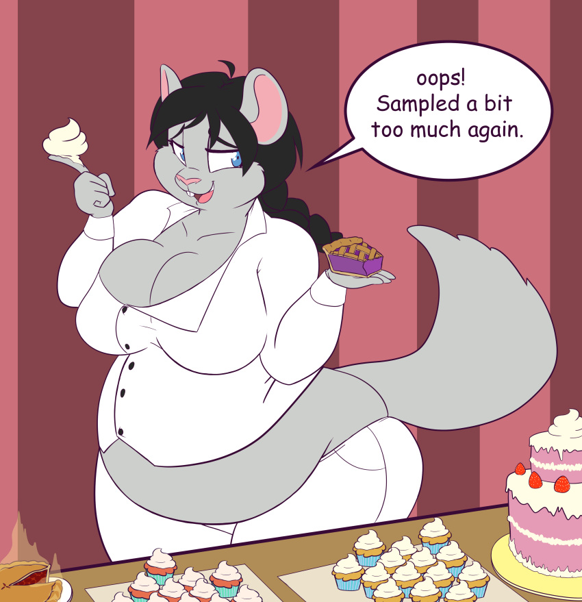 absurd_res big_breasts braided_hair breasts cake chinchilla chinchillid cupcake dialogue english_text female food goblinhordestudios hair hi_res huge_breasts mammal pie rodent slightly_chubby solo text