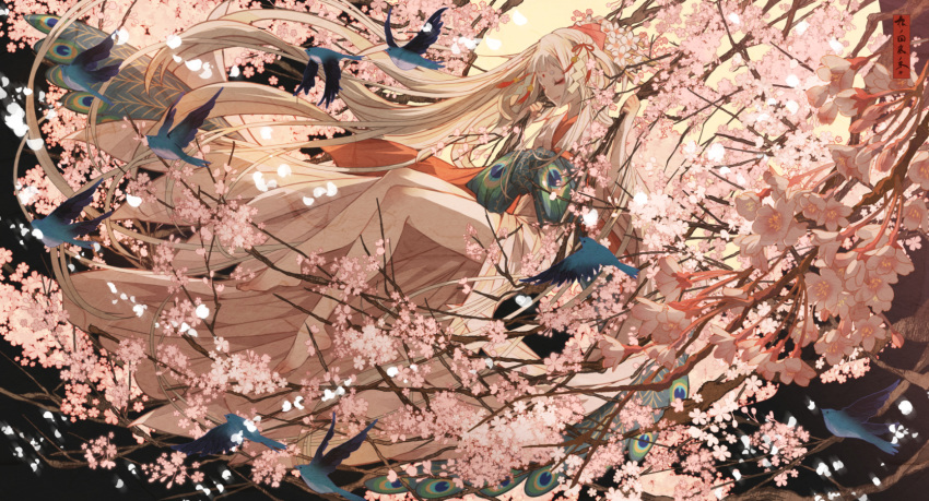 animal bird cherry_blossoms flowers japanese_clothes kimono long_hair moon original sky spring tagme_(artist)